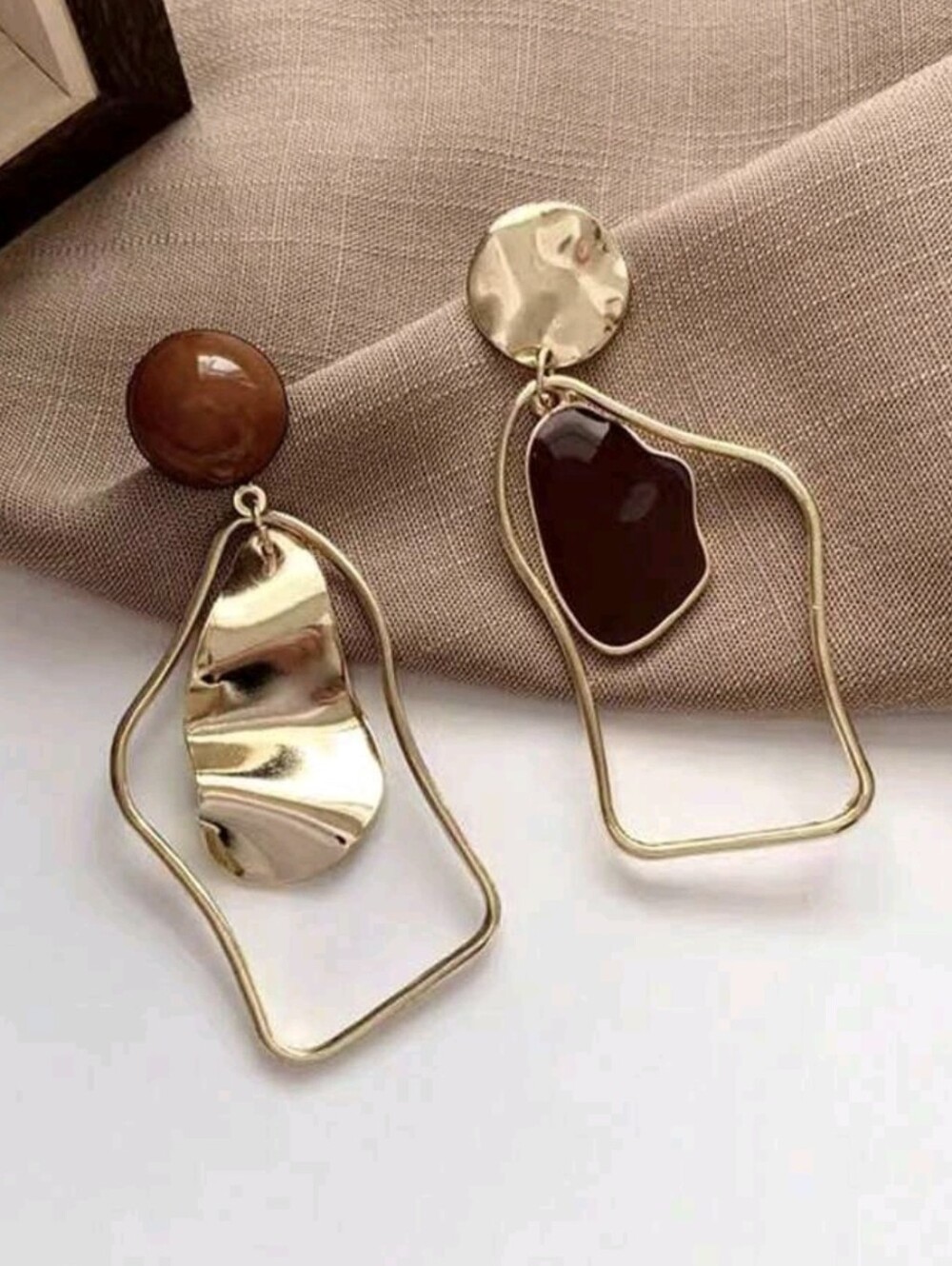 Gold Abstract Geometric Statement Drop Earrings Boho Asymmetrical Artsy - Picture 15 of 15